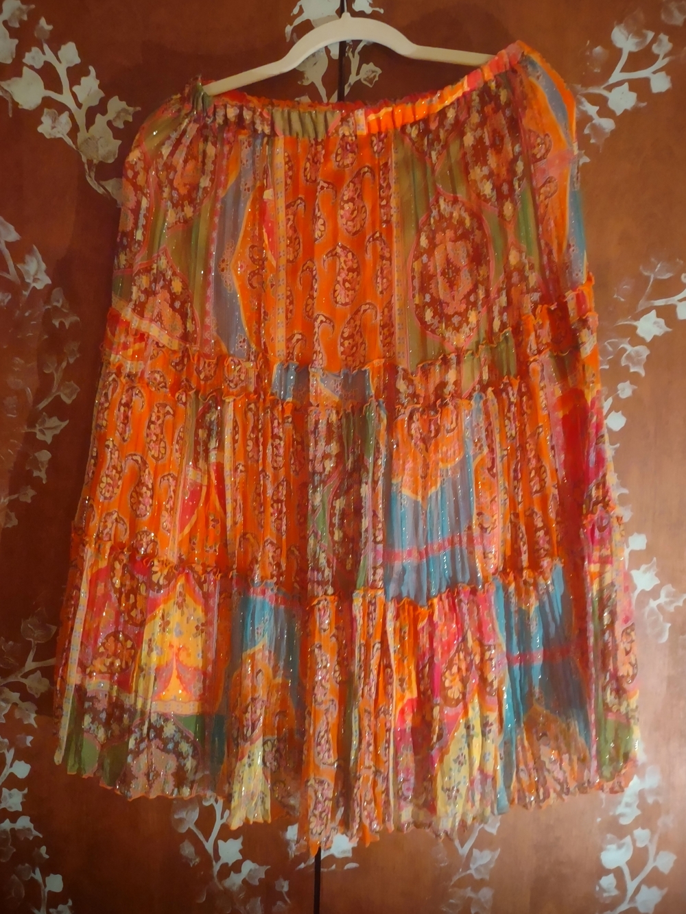 Boho Orange Patchwork Tiered Silk Skirt